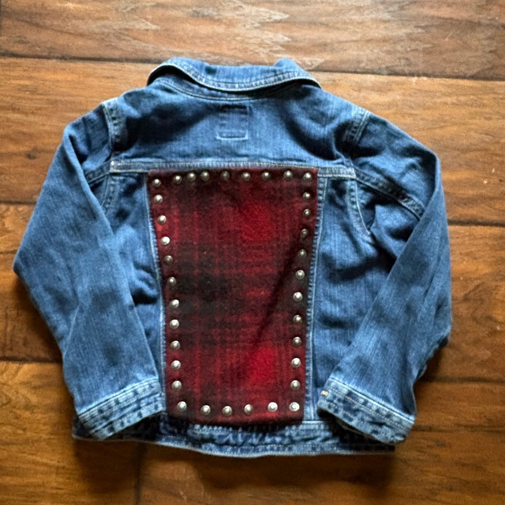 Old Navy Kids Denim Jacket with Red Plaid Panel